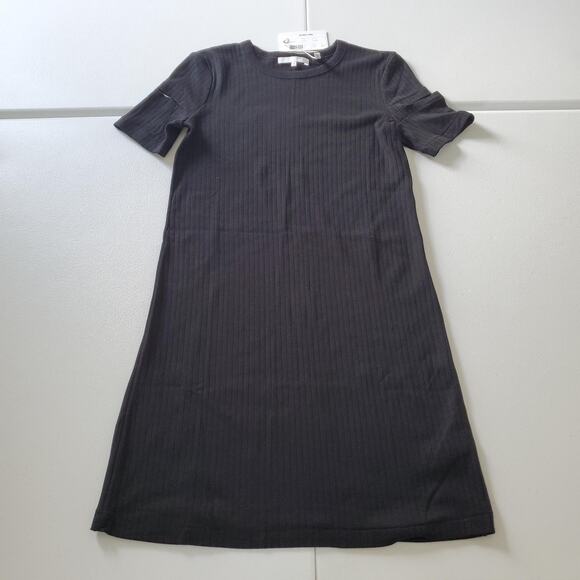 Helmut Lang Wide Rib Dress Womens Small Black Midi Short Sleeve Cotton Crewneck - Picture 1 of 9